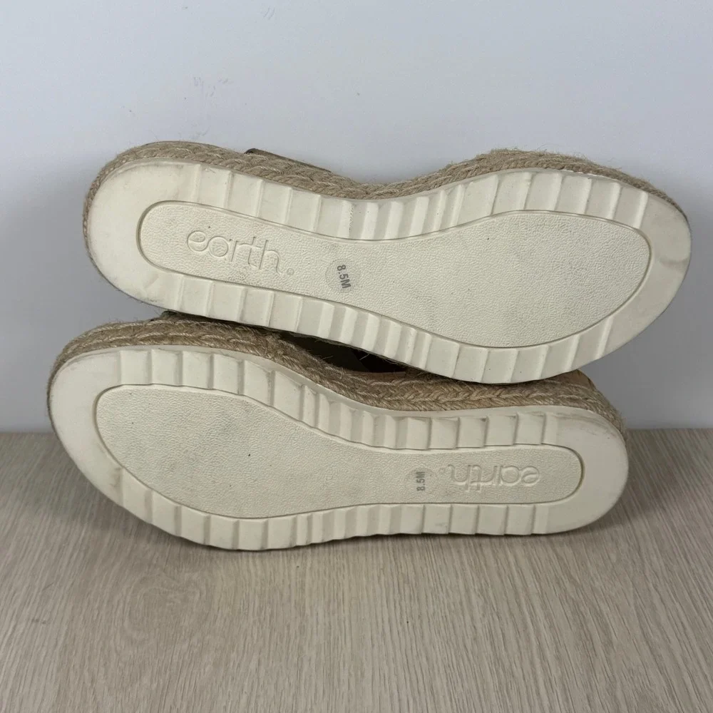 Earth ETCOLLINS Womens 8.5M Tan Leather Woven Espadrille Platform Wedge‎ Sandals